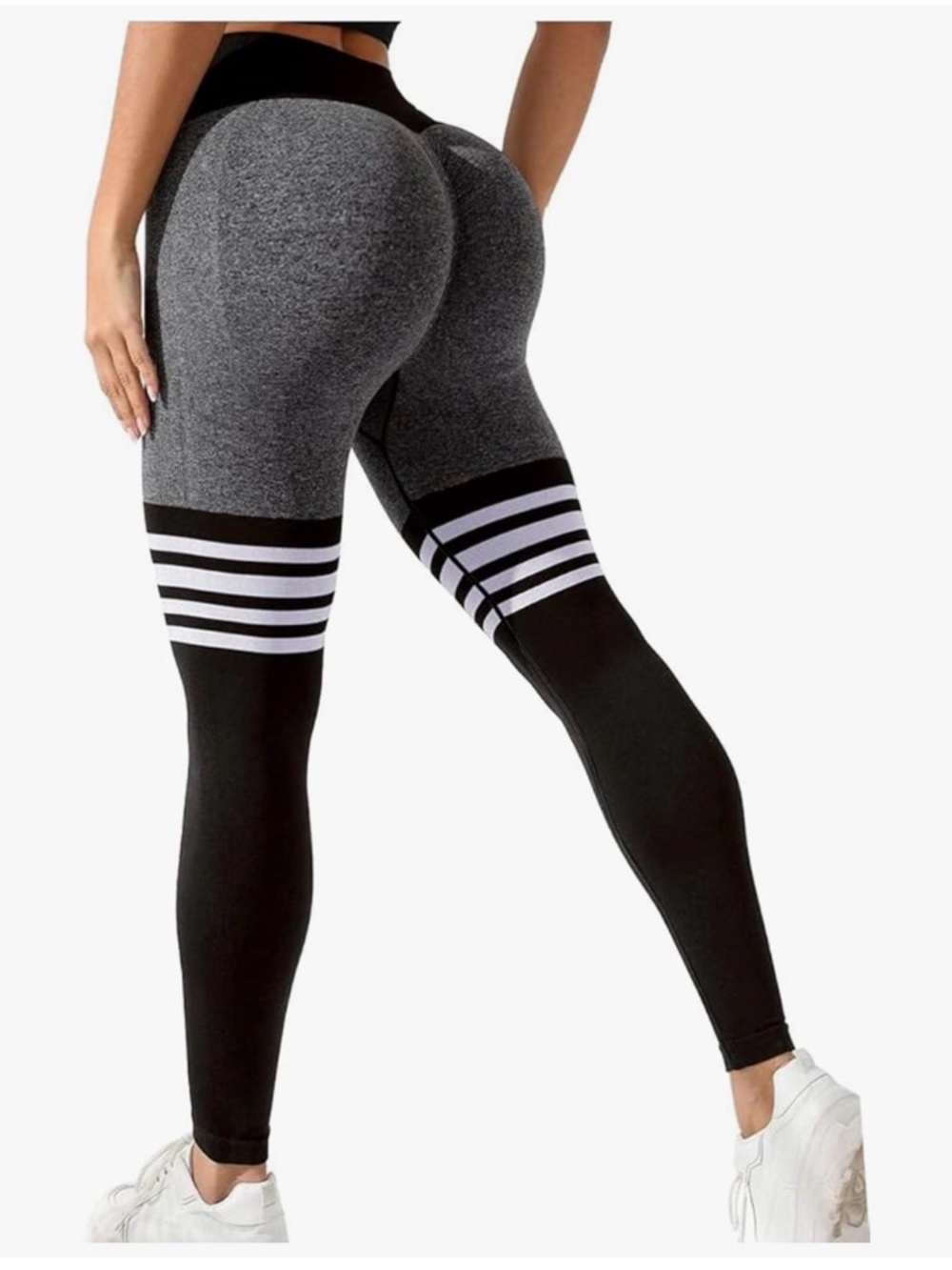 Medium Grey Black Striped Ruched Workout Leggings